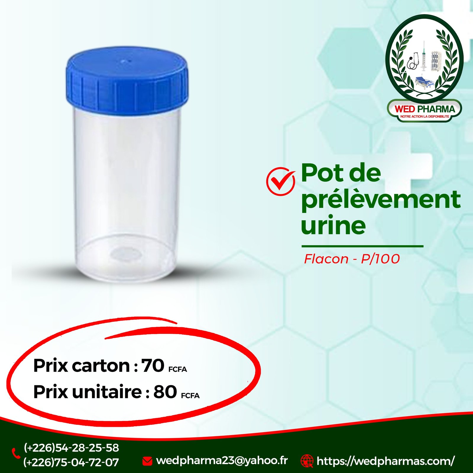 Pot de prélèvement urine Flacon-P/100