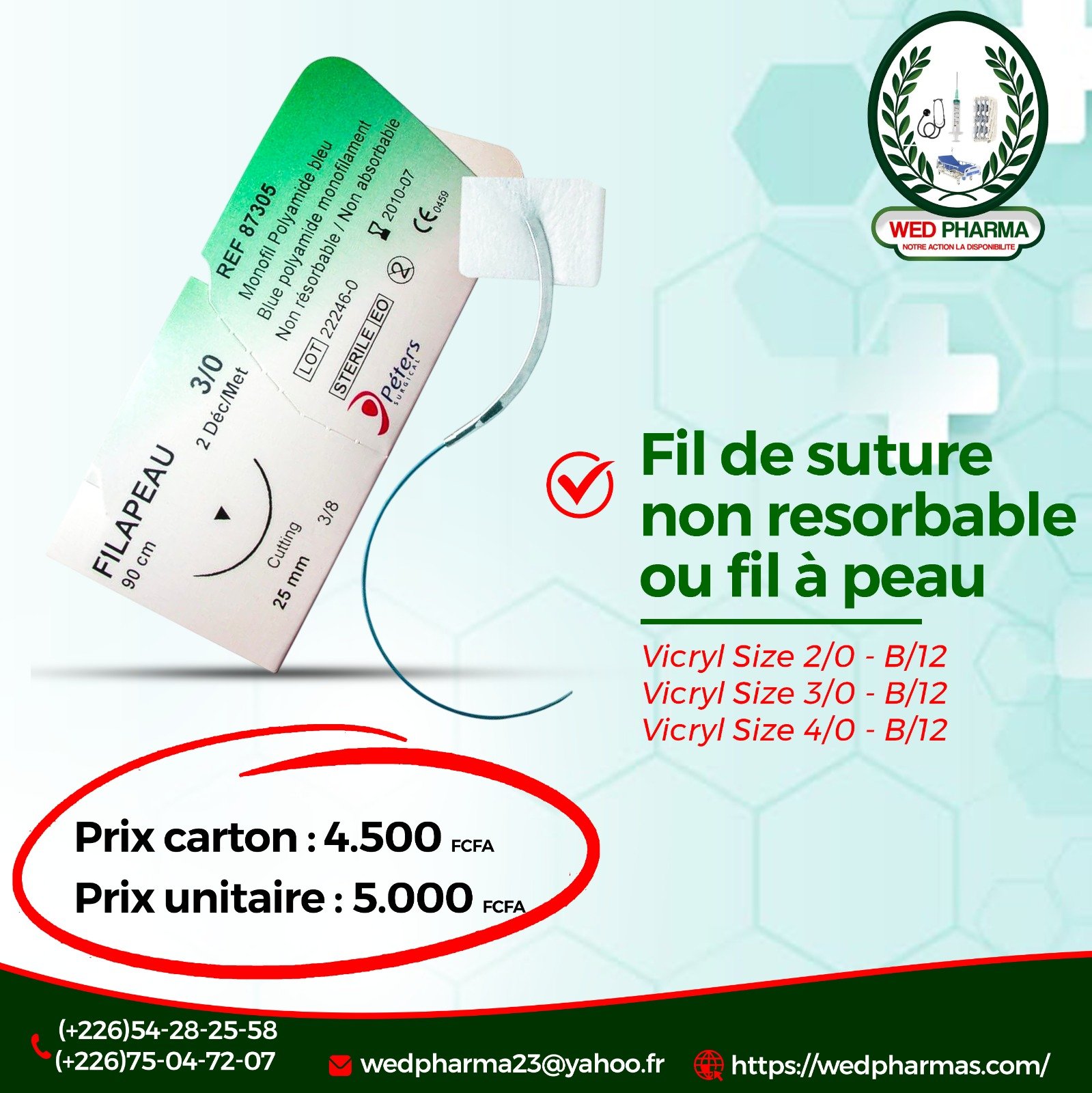 Fil de suture non resorbable ou fil à peau